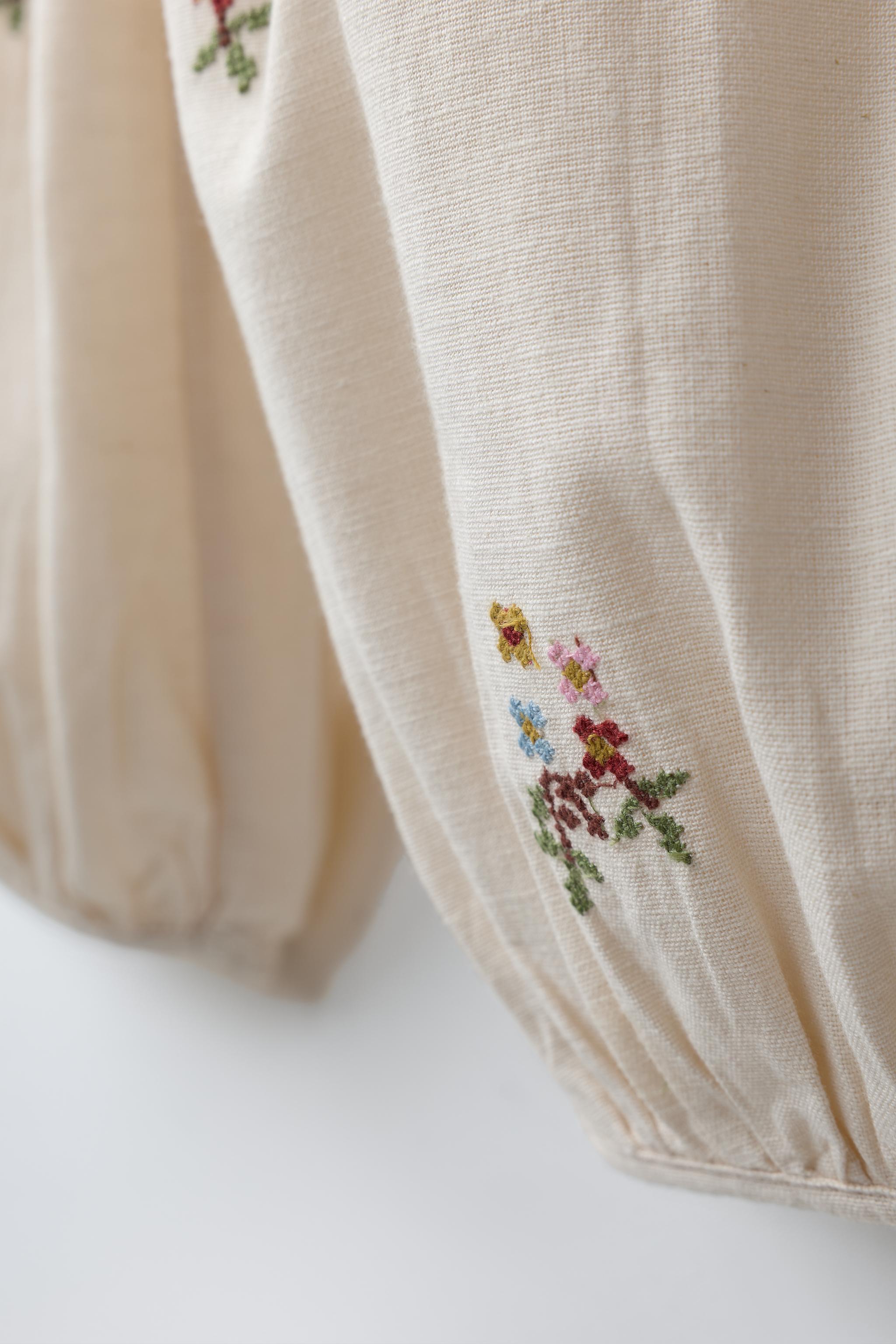 PANTALON BRODERIES POINT DE CROIX AVEC COTON ET LIN